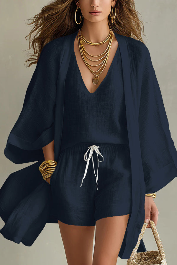 White Loose Cardigan & Drawstring Shorts 3-Piece Casual Set