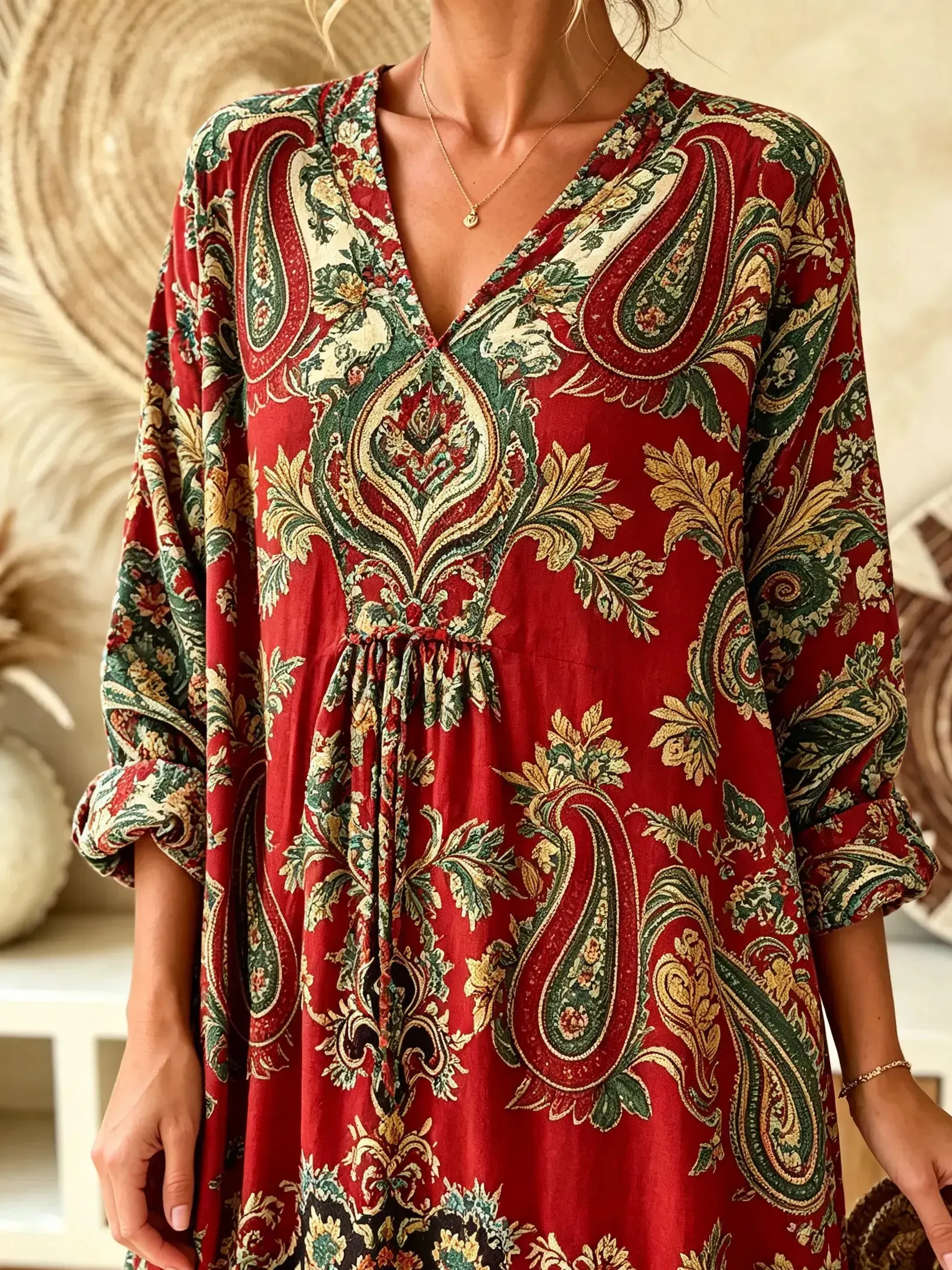 Women's Vintage Paisley Print V-Neck Boho Maxi Dress
