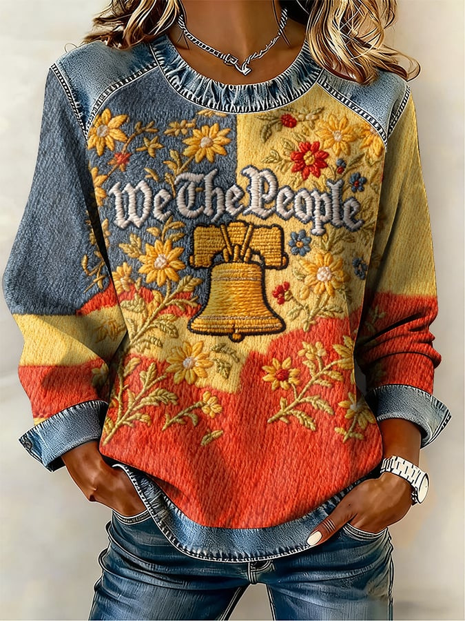 vintage bald eagle USA flag graphic denim contrast cuffs casual patriotic daily top
