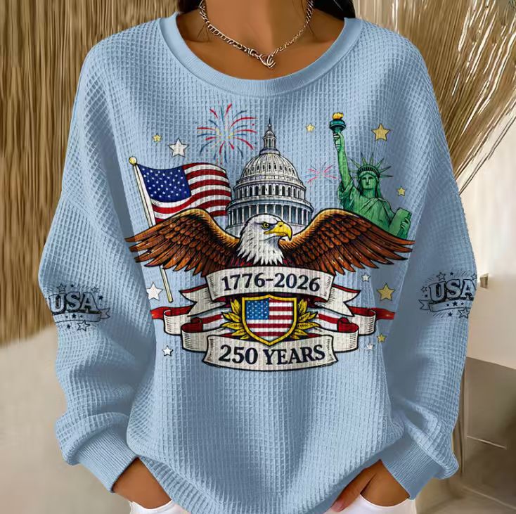 vintage bald eagle USA flag graphic denim contrast cuffs casual patriotic daily top