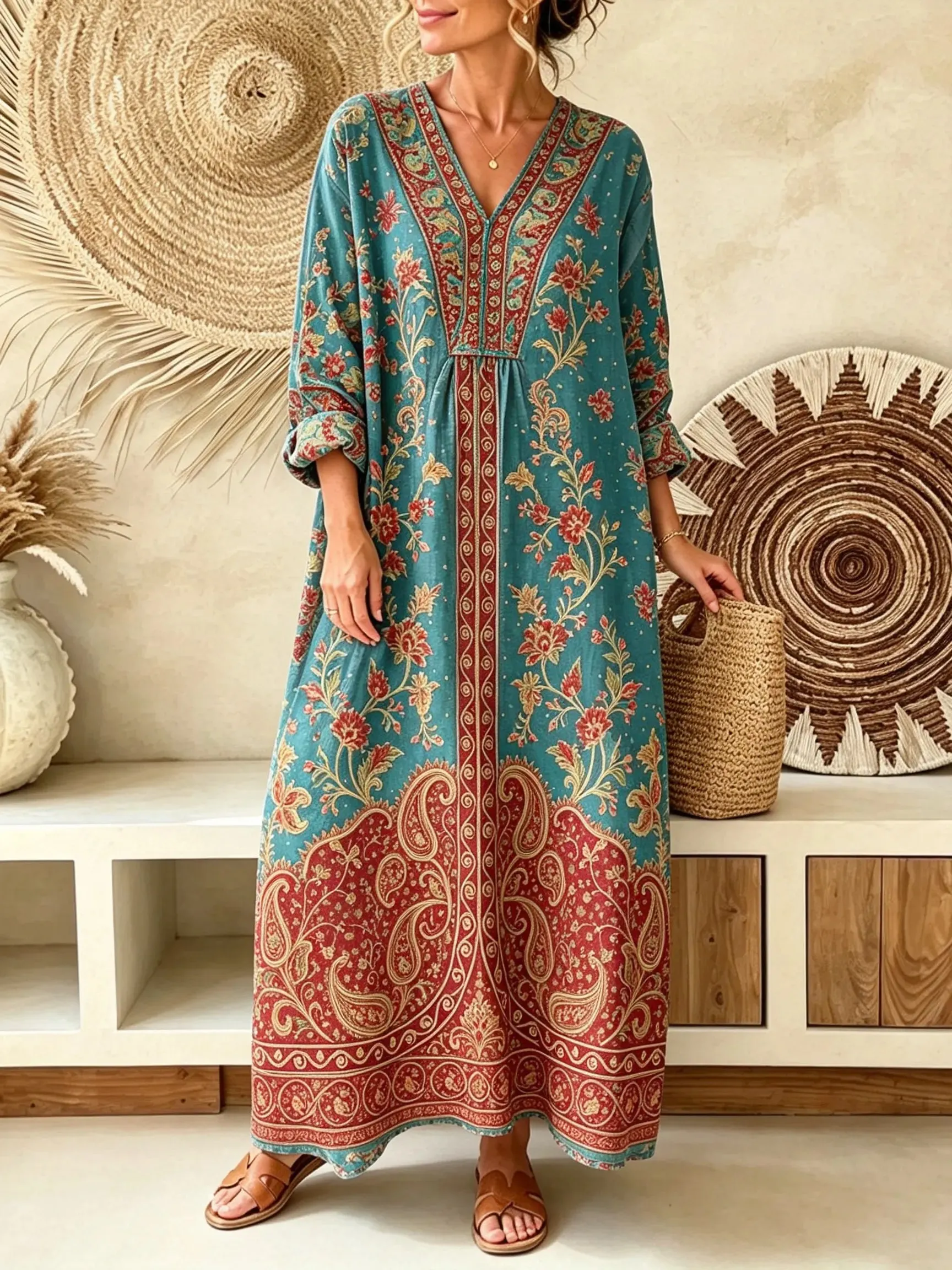 Women's Teal Paisley Floral Ethnic V-Neck Loose Three-Quarter Sleeve Maxi Dress