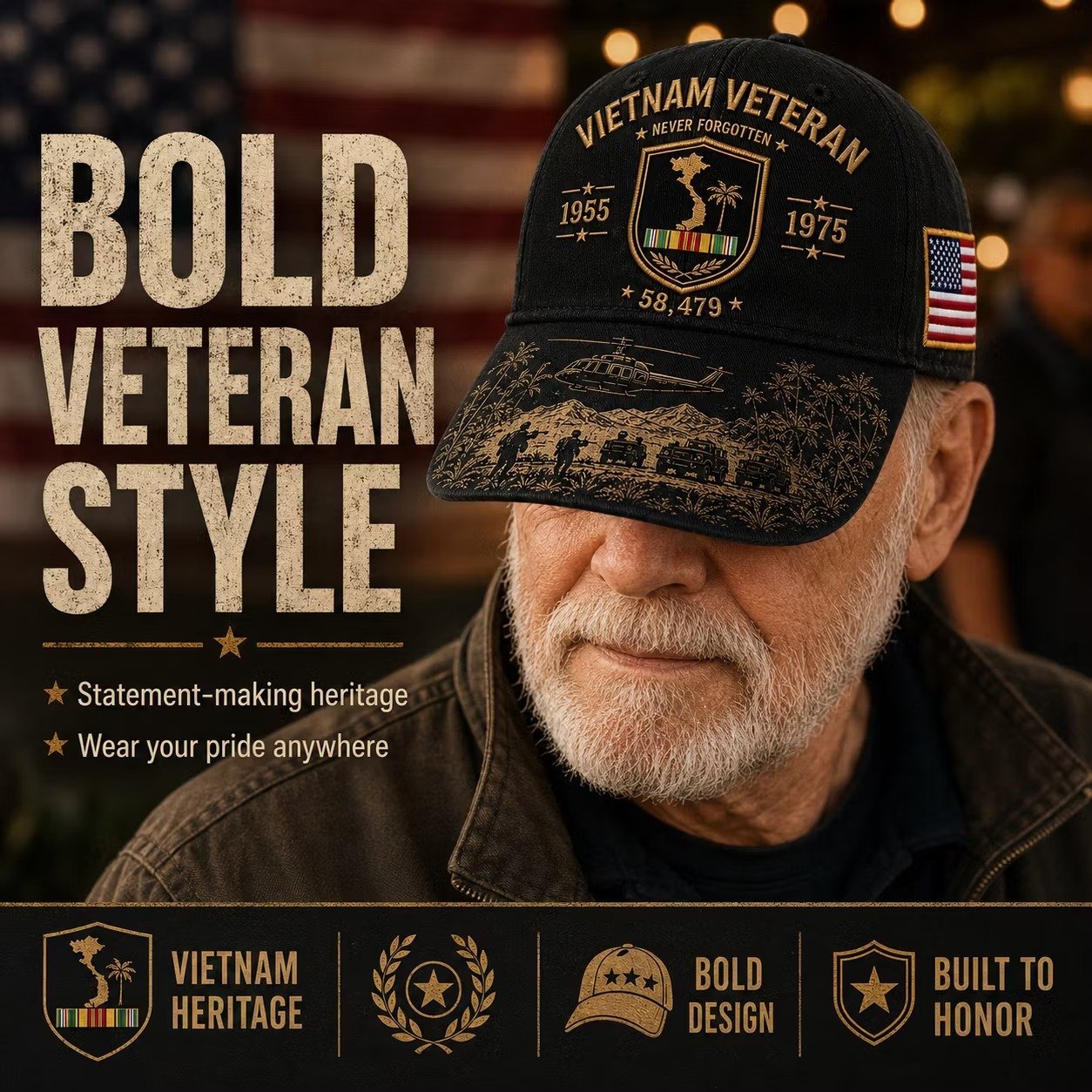 Vietnam Veteran Never Forgotten 1955–1975 Commemorative Cap 🇺🇸