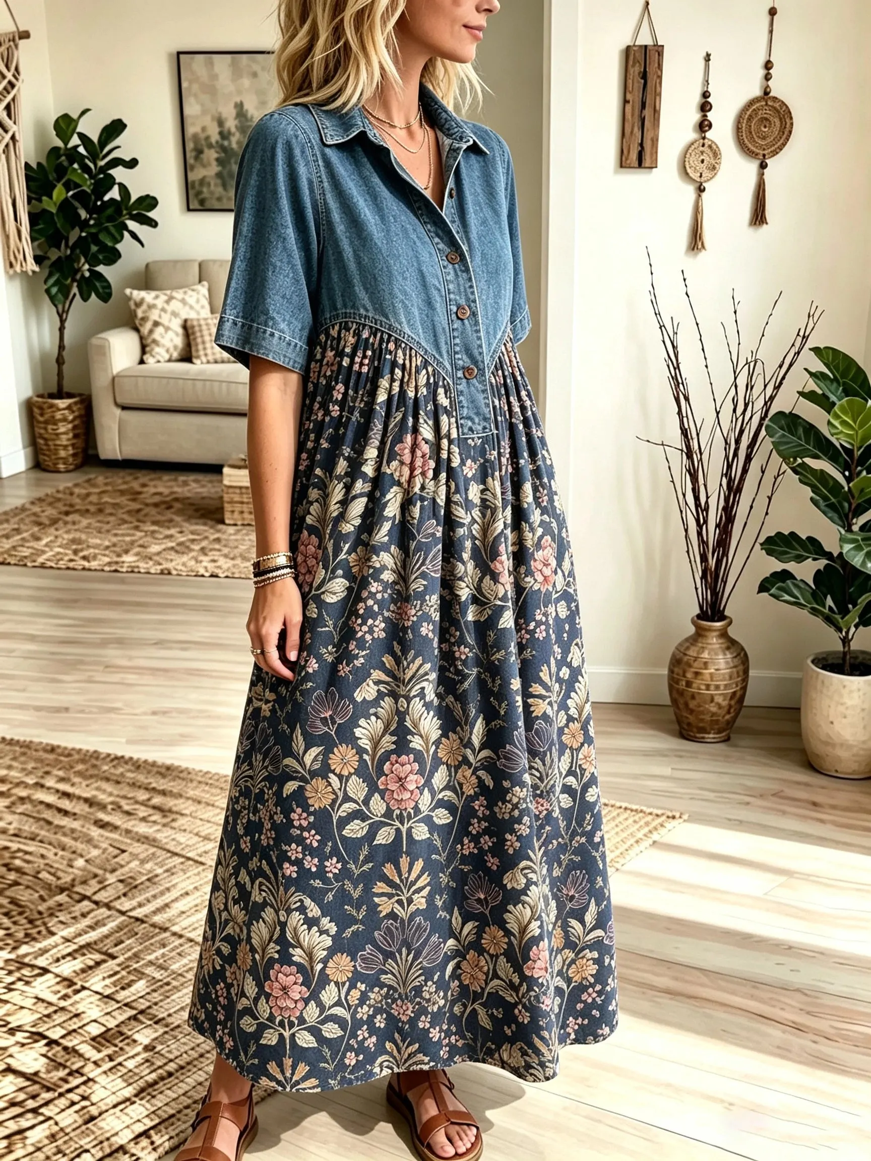 Women's Denim Yoke Plaid Maxi Dress