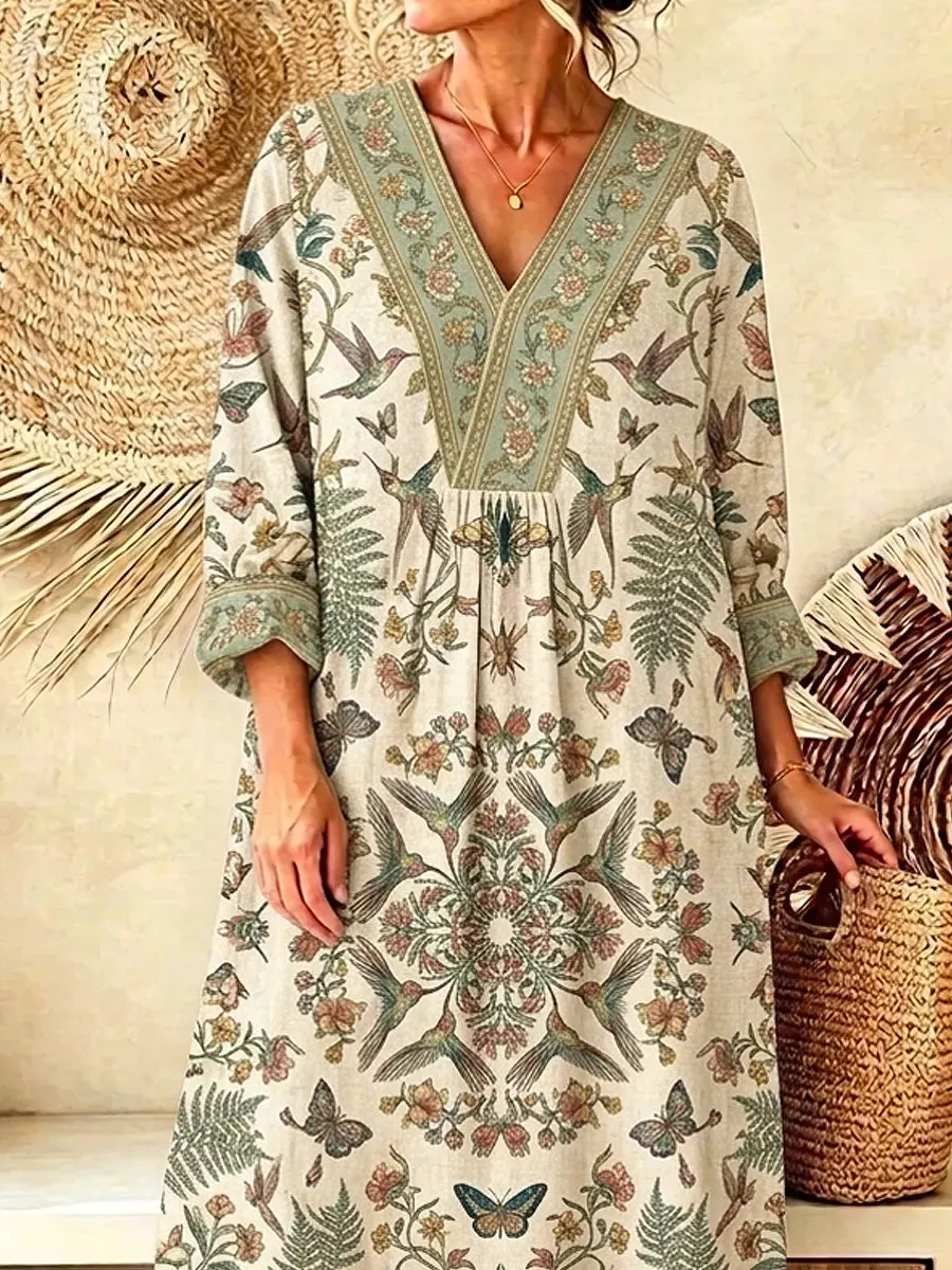 Retro Birds Floral Pattern Art Print Casual V-neck Cotton Linen Maxi Dress