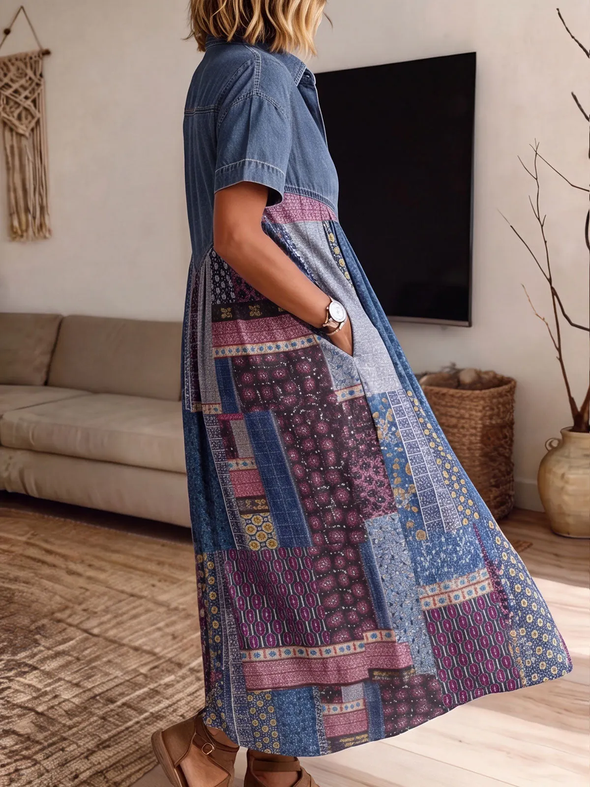 Women’s Denim Spliced Vintage Patchwork Print Loose Midi Dress With Pockets