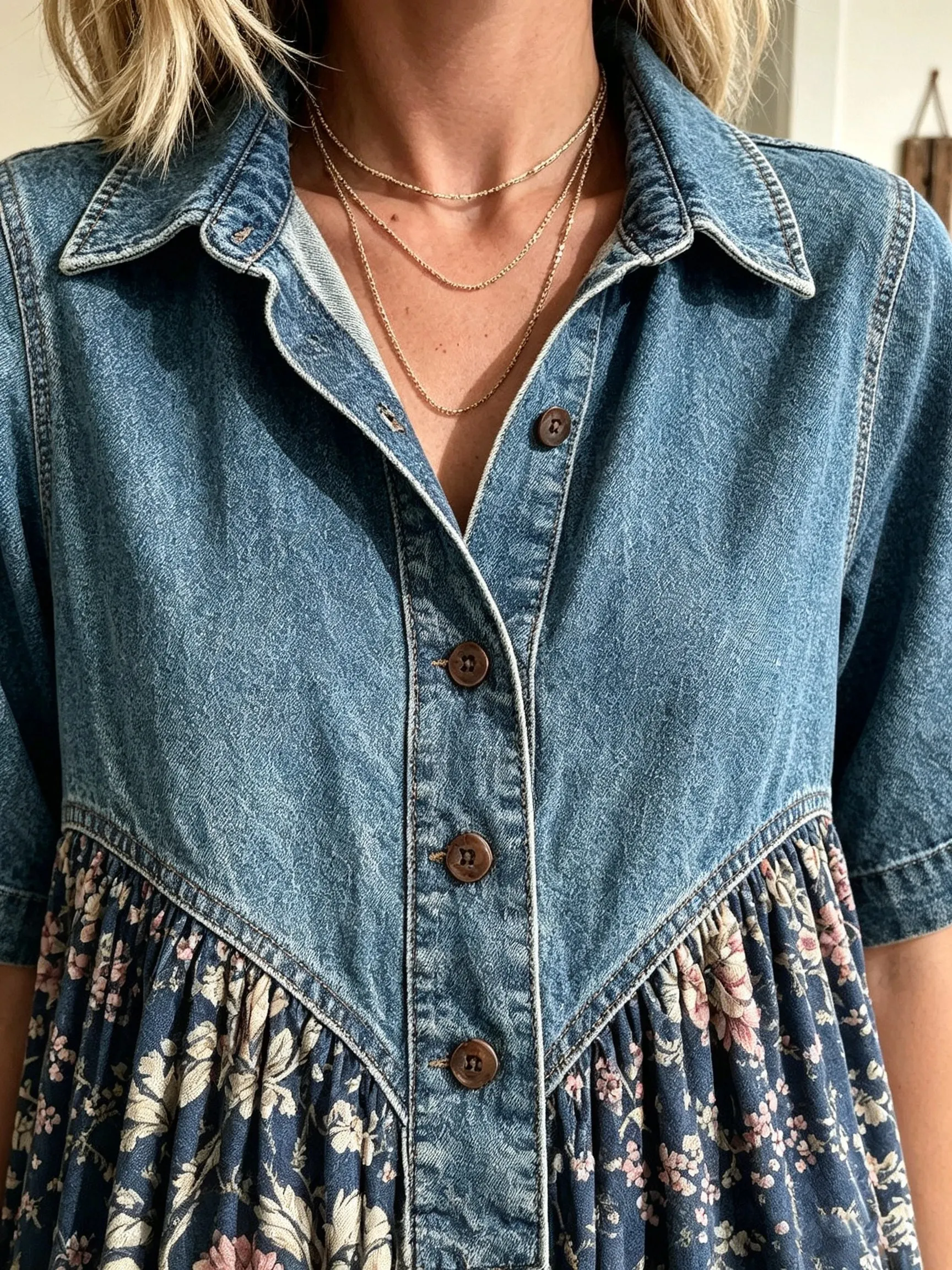 Women's Denim Yoke Plaid Maxi Dress