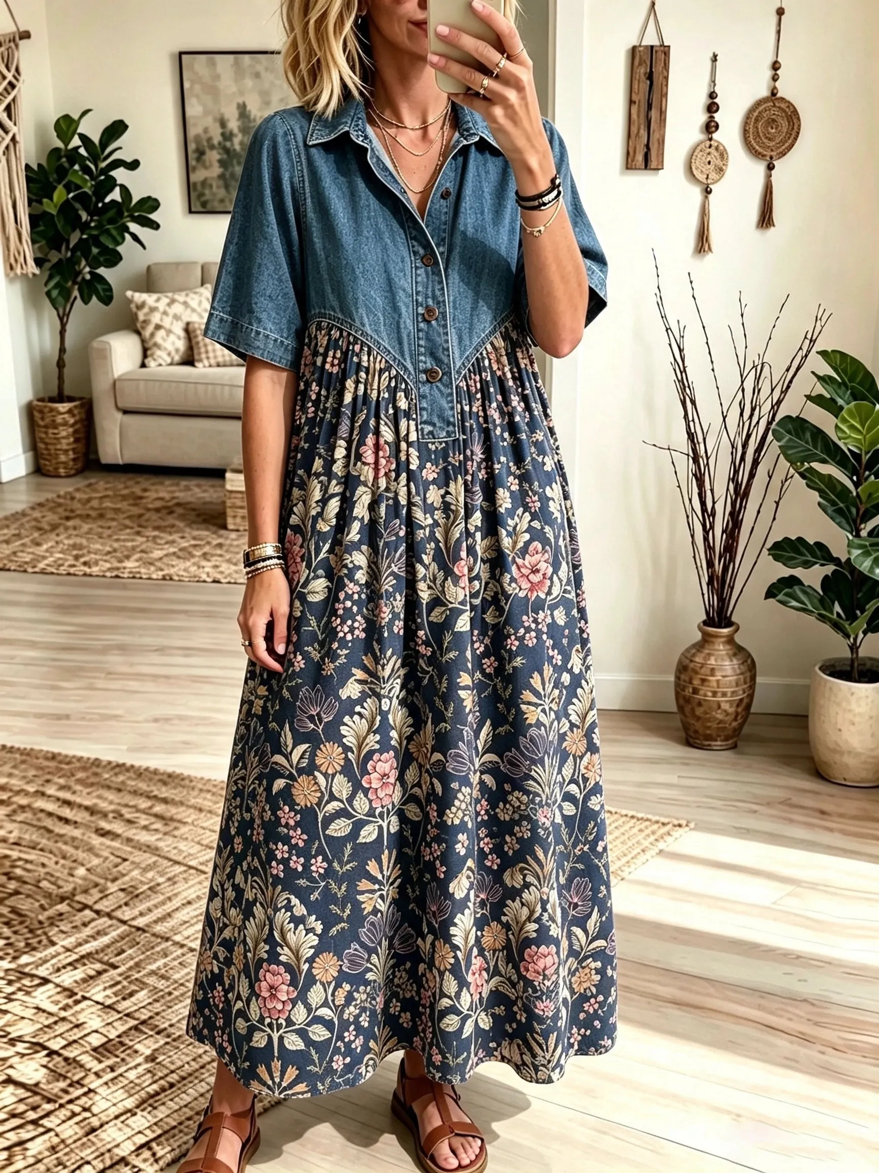 Women's Denim Yoke Plaid Maxi Dress