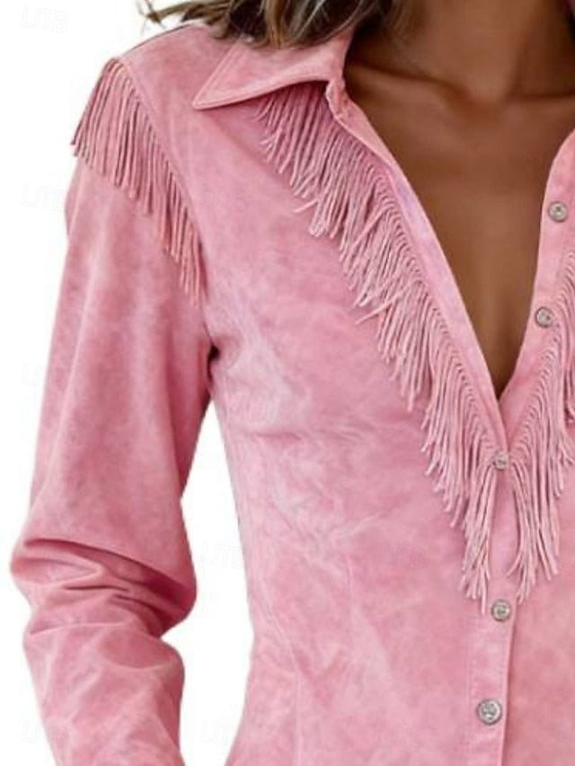 Women's Shirt Blouse Patchwork Buttons Fringe Plain Stylish