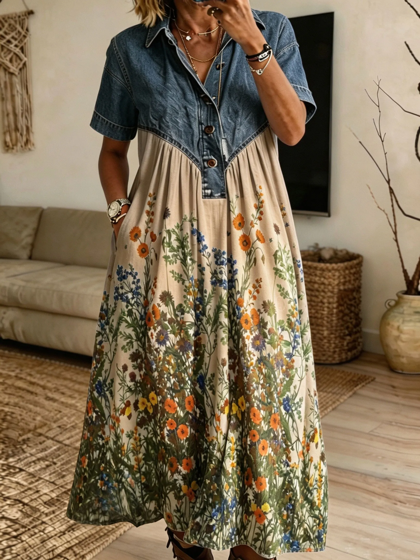Women Denim Spliced Wild Floral Shirt Midi Dress With Pockets