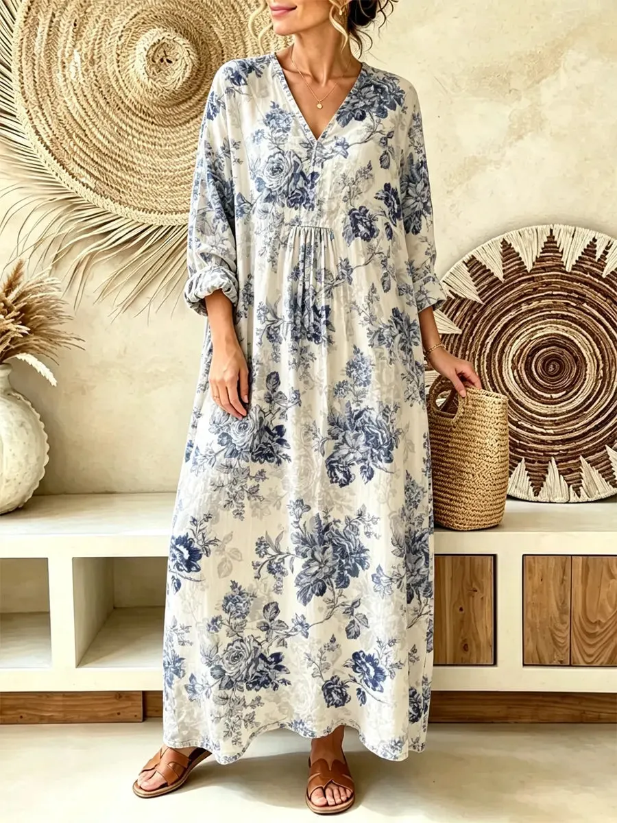 Retro Floral Pattern Art Print Casual V-neck Cotton Linen Maxi Dress