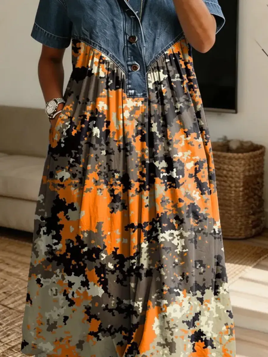 Retro Camouflage Pattern Art Print Casual Stylish Lapel Denim Patchwork Dress