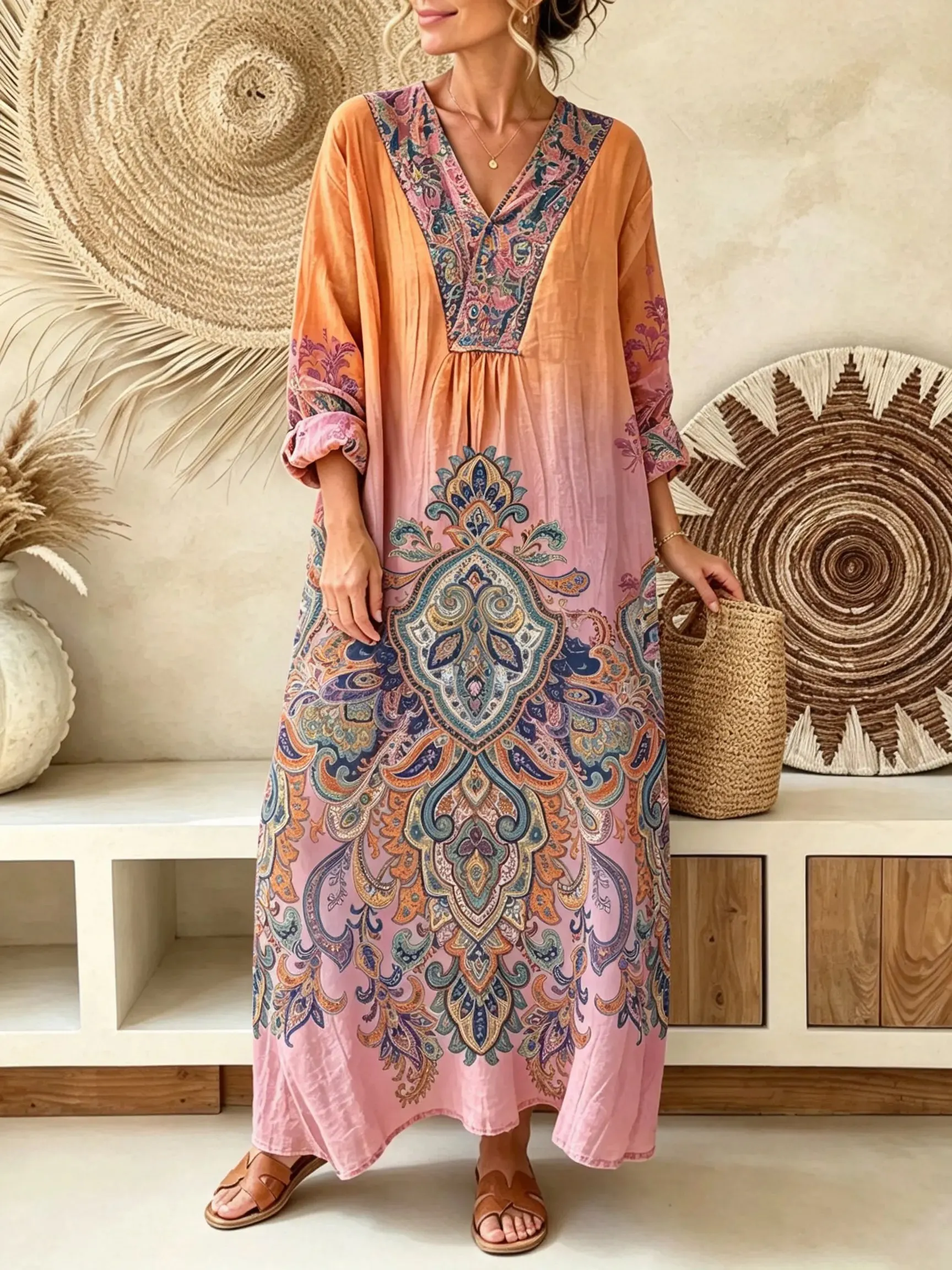 Women Gradient Orange Pink Paisley V-Neck Loose 3/4 Sleeve Maxi Dress