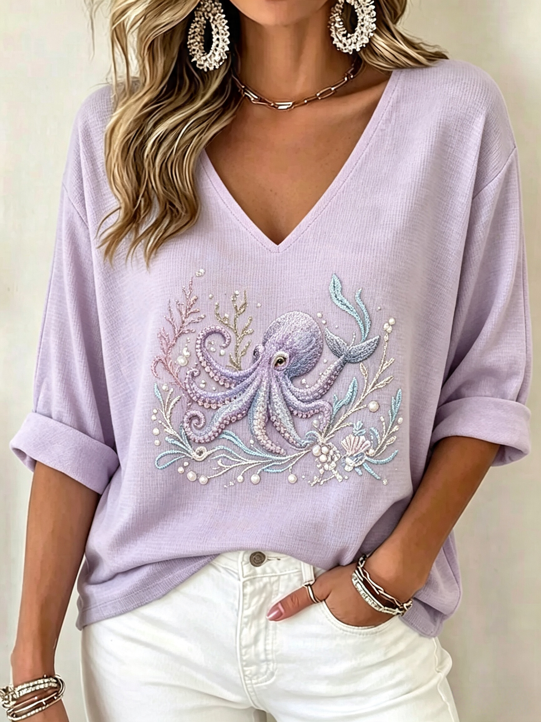 🔥Women's Waffle Knit V Neck Top | 3/4 Sleeve Relaxed Fit [Marine Theme] Casual Vacation Shirt