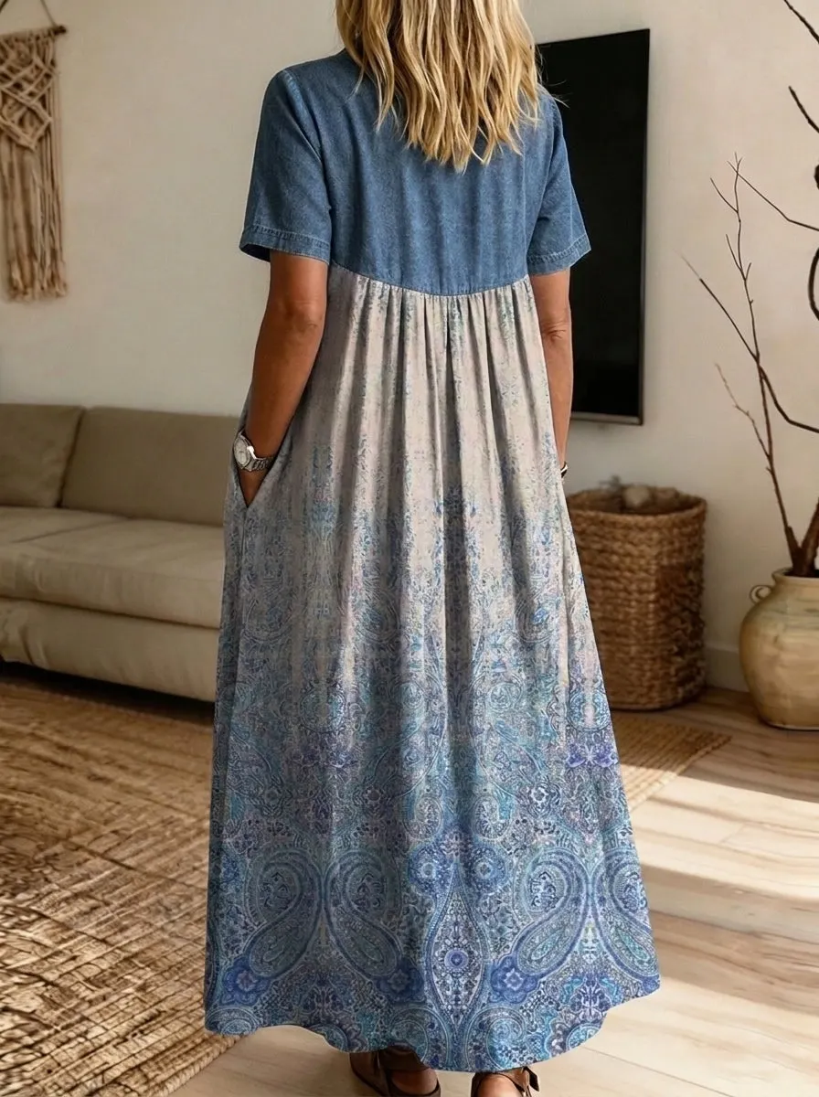 Women’s Denim Spliced Paisley Print Loose Midi Dress With Pockets