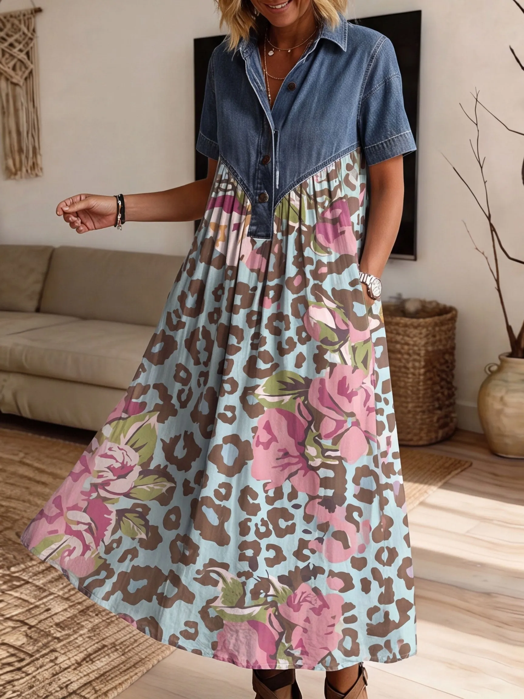 Women’s Denim Spliced Leopard Floral Print Loose Midi Dress With Pockets