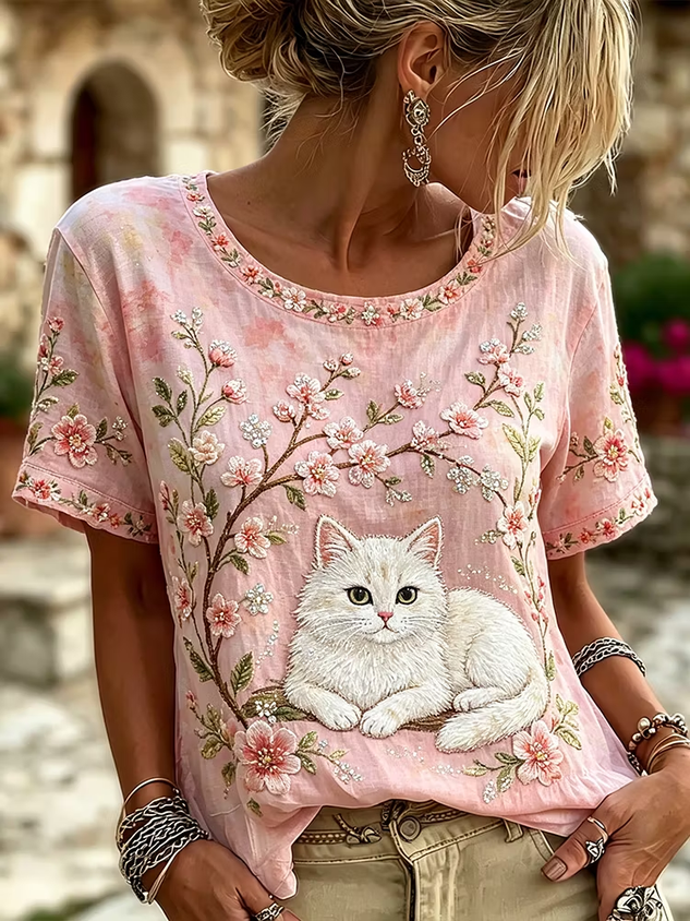 Women Floral Short Sleeve Tee T-shirt Crew Neck Printing Casual Graphic Tee Summer Top