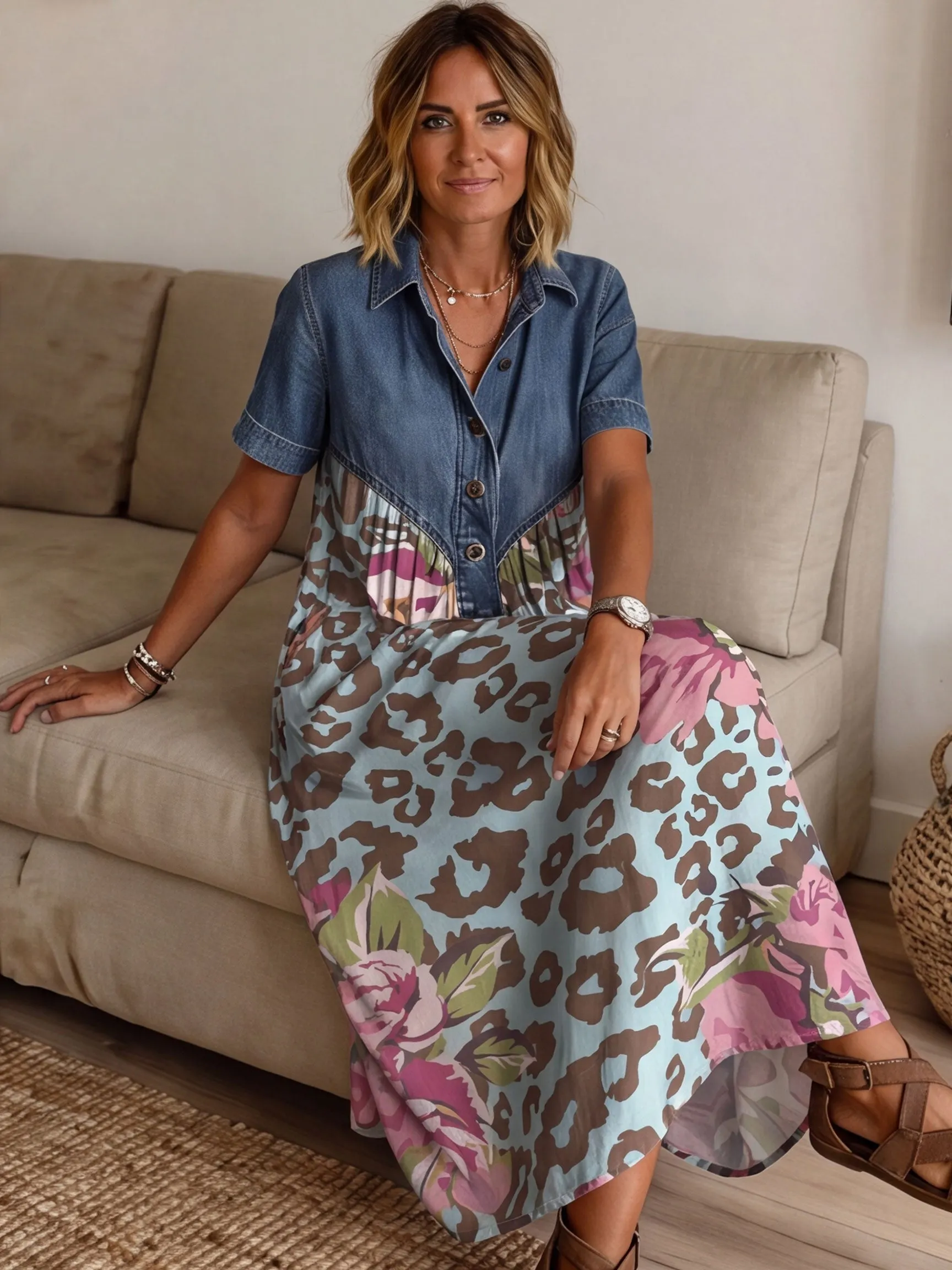 Women’s Denim Spliced Leopard Floral Print Loose Midi Dress With Pockets