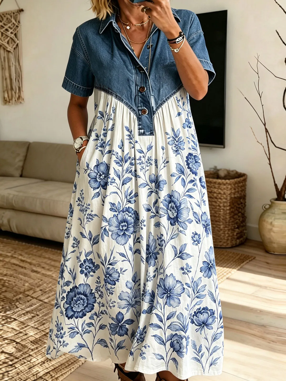 Women Denim Spliced Blue Floral Print Shirt Maxi Dress With Pockets
