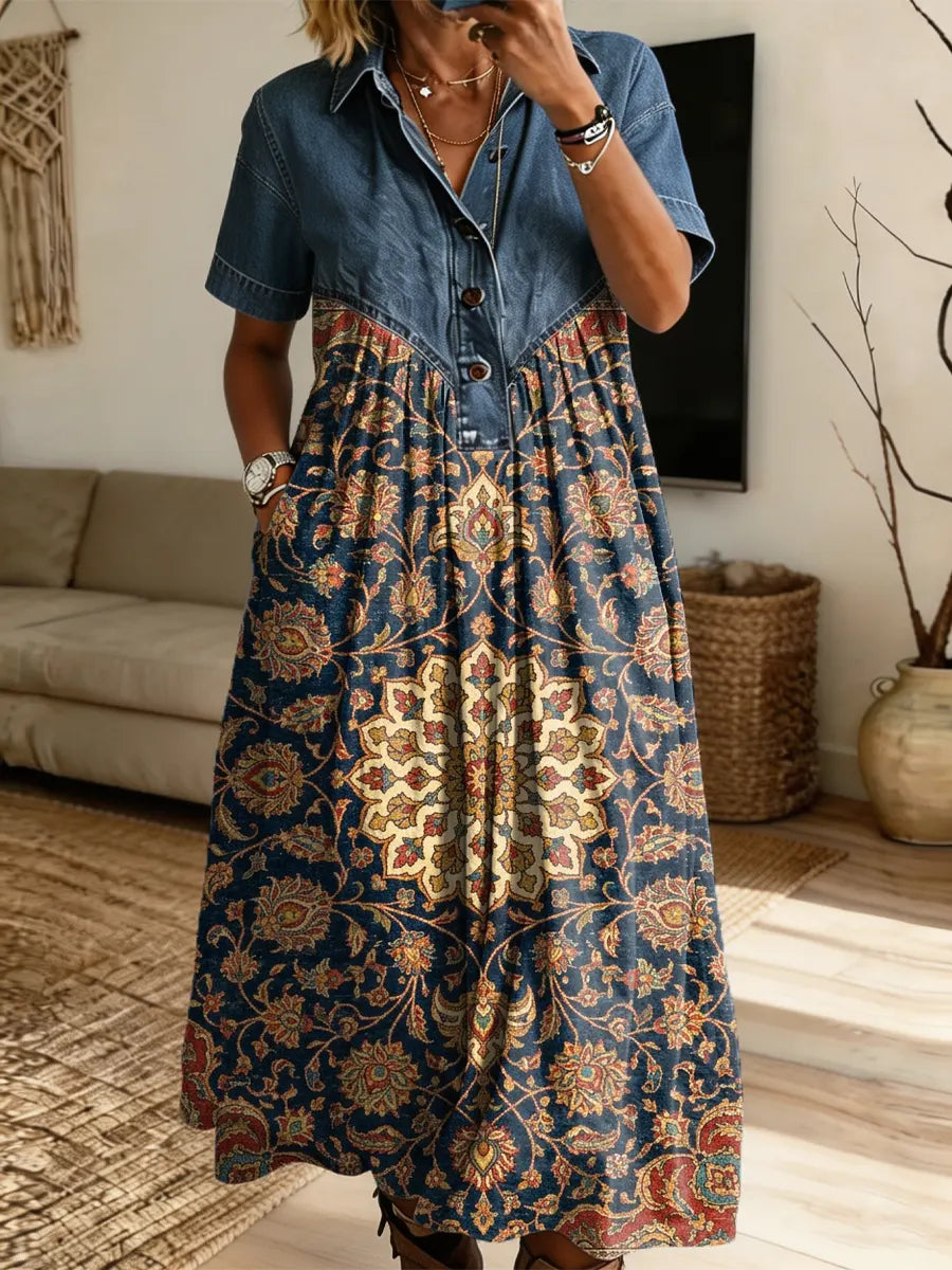 Retro Floral Pattern Art Print Casual Stylish Lapel Denim Patchwork Dress