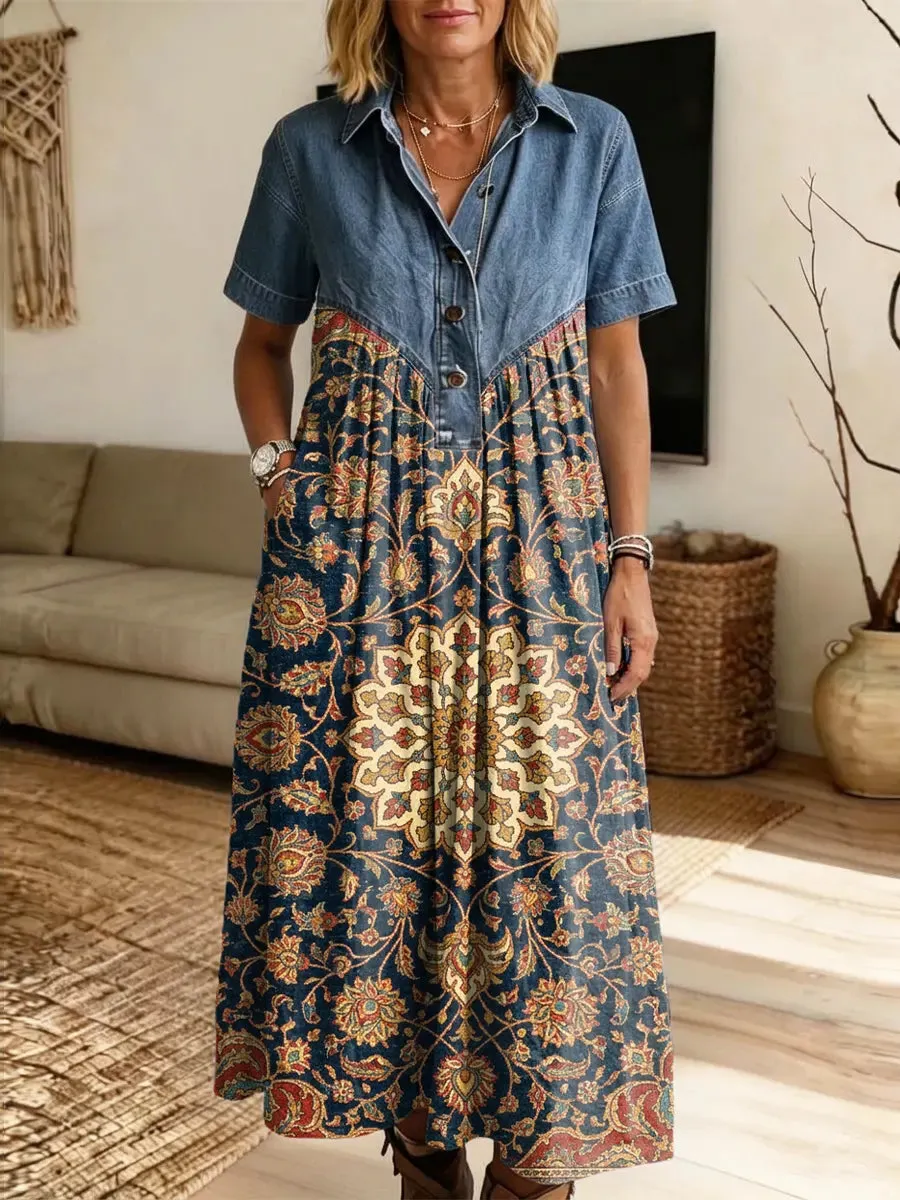 Retro Floral Pattern Art Print Casual Stylish Lapel Denim Patchwork Dress