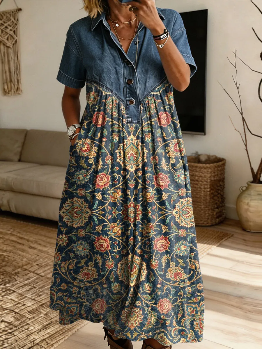 Retro Floral Pattern Art Print Casual Stylish Lapel Denim Patchwork Dress