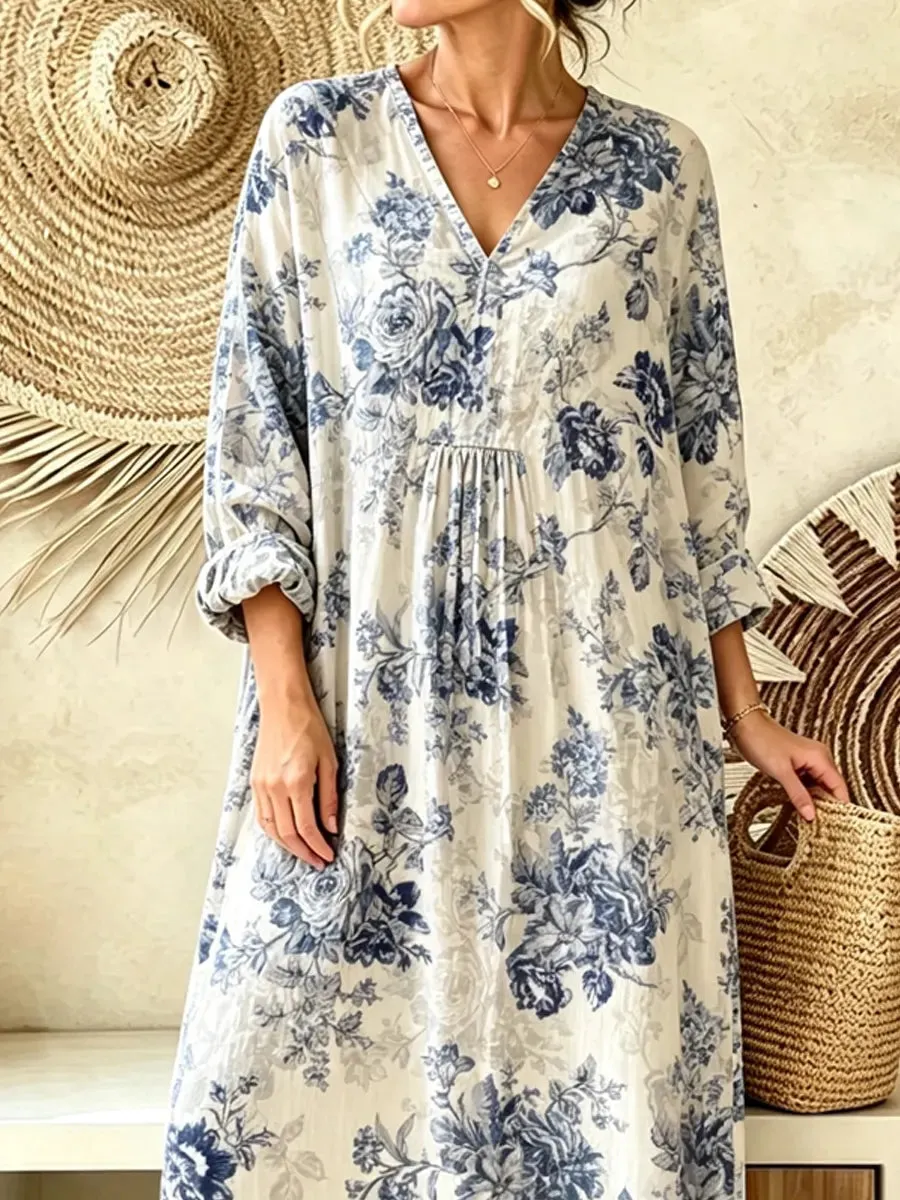 Retro Floral Pattern Art Print Casual V-neck Cotton Linen Maxi Dress