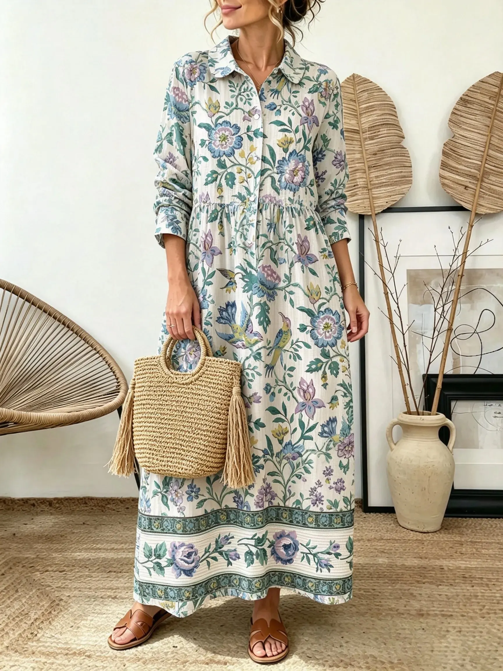 Women's Bird Botanical Border Print Collared Long Sleeve Maxi Dress