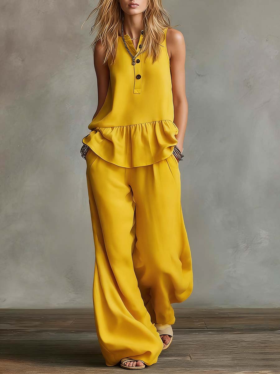 Women's Round Neck Sleeveless Casual Loose Cotton Top And High Waist Casual Loose Wide Leg Pants Set