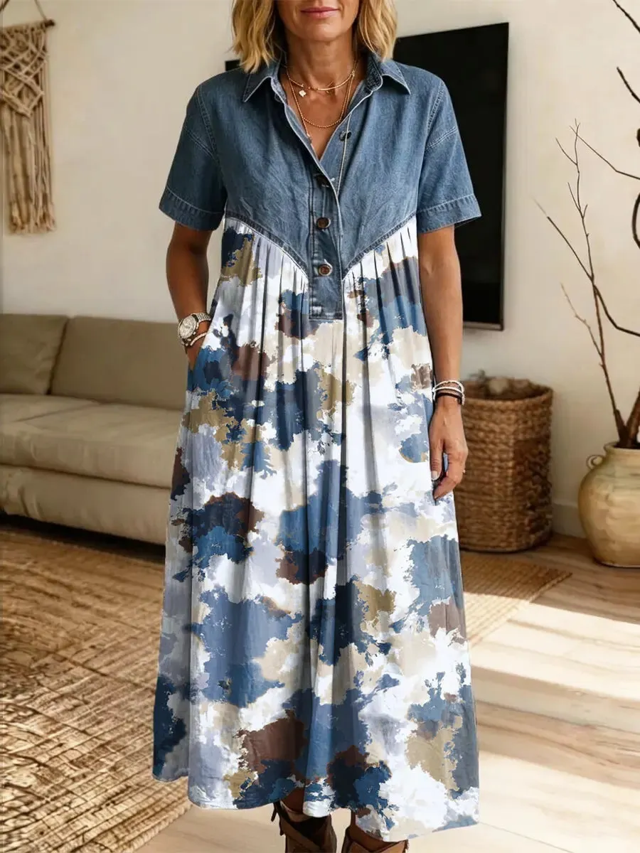Retro Ink Pattern Art Print Casual Stylish Lapel Denim Patchwork Dress