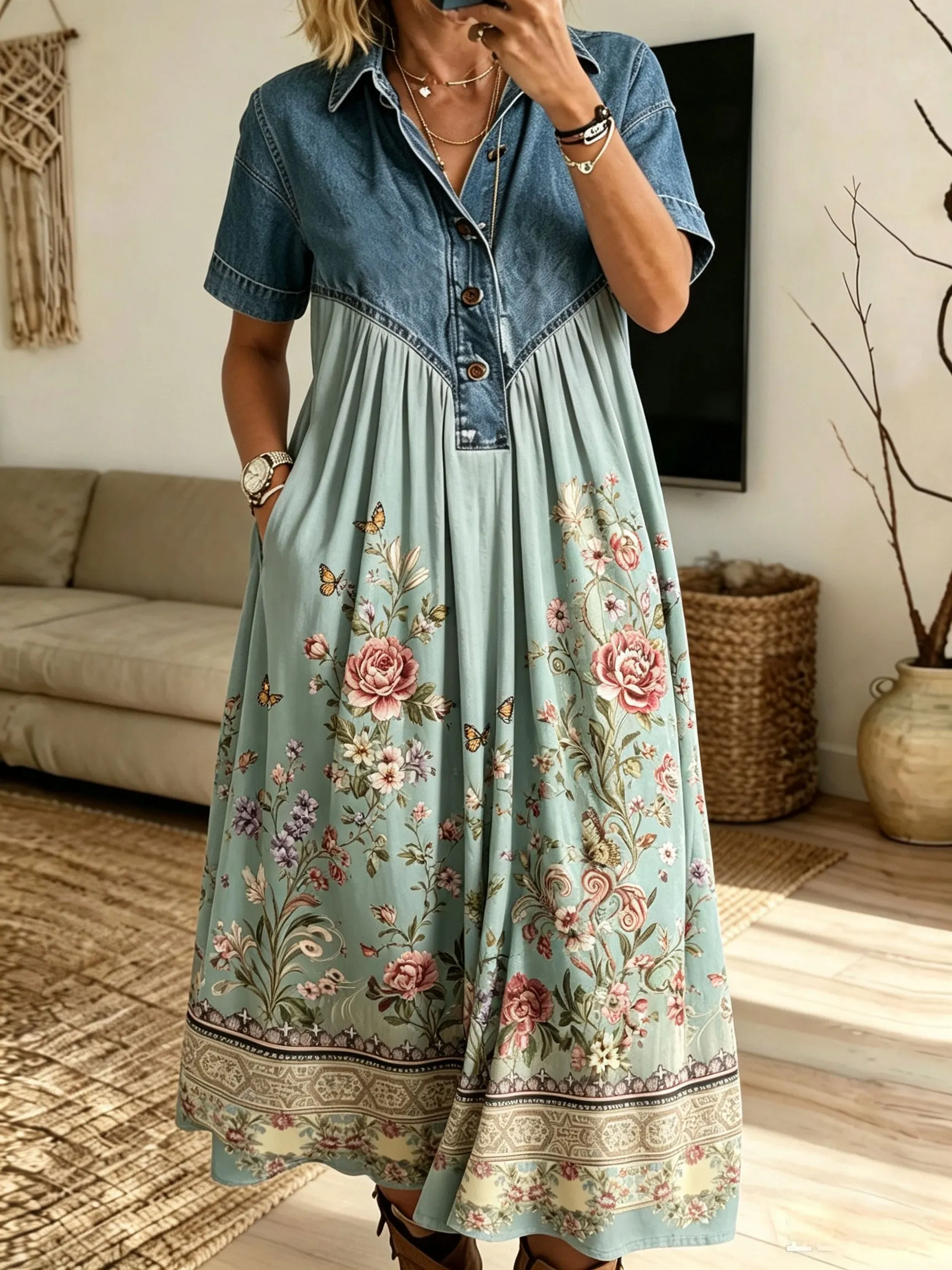 Women Denim Spliced Floral Butterfly Print Shirt Midi Dress With Pockets