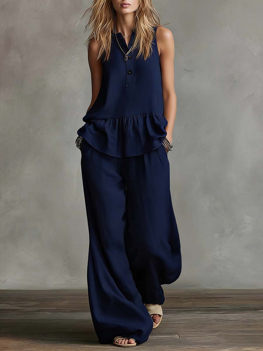 Women's Round Neck Sleeveless Casual Loose Cotton Top And High Waist Casual Loose Wide Leg Pants Set