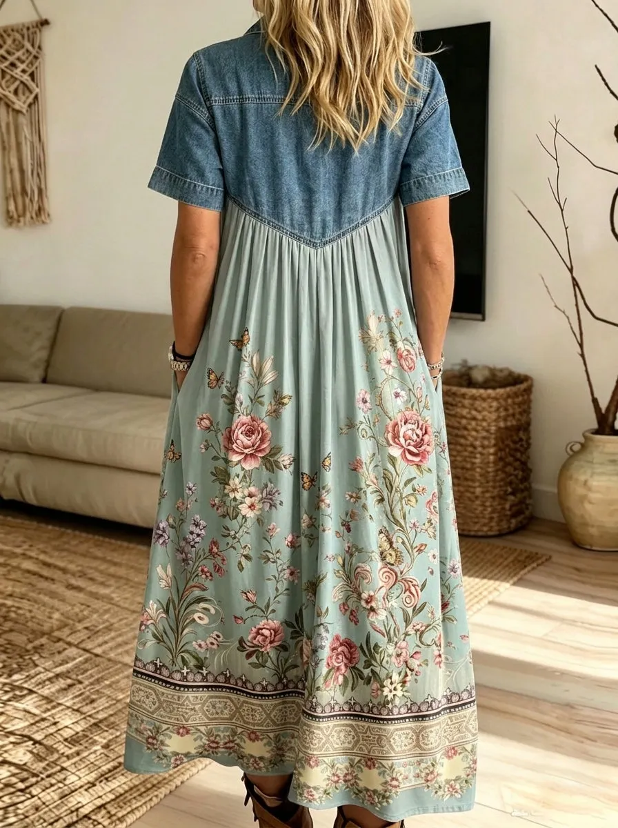 Women Denim Spliced Floral Butterfly Print Shirt Midi Dress With Pockets