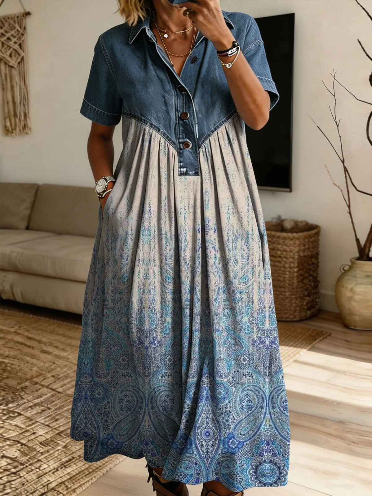 Women’s Denim Spliced Paisley Print Loose Midi Dress With Pockets