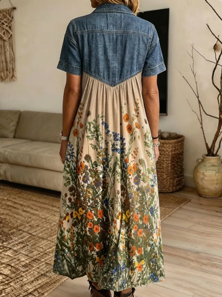 Women Denim Spliced Wild Floral Shirt Midi Dress With Pockets