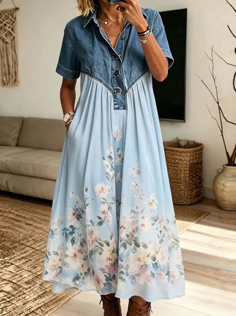 Women Denim Spliced Floral Maxi Shirt Dress With Pockets
