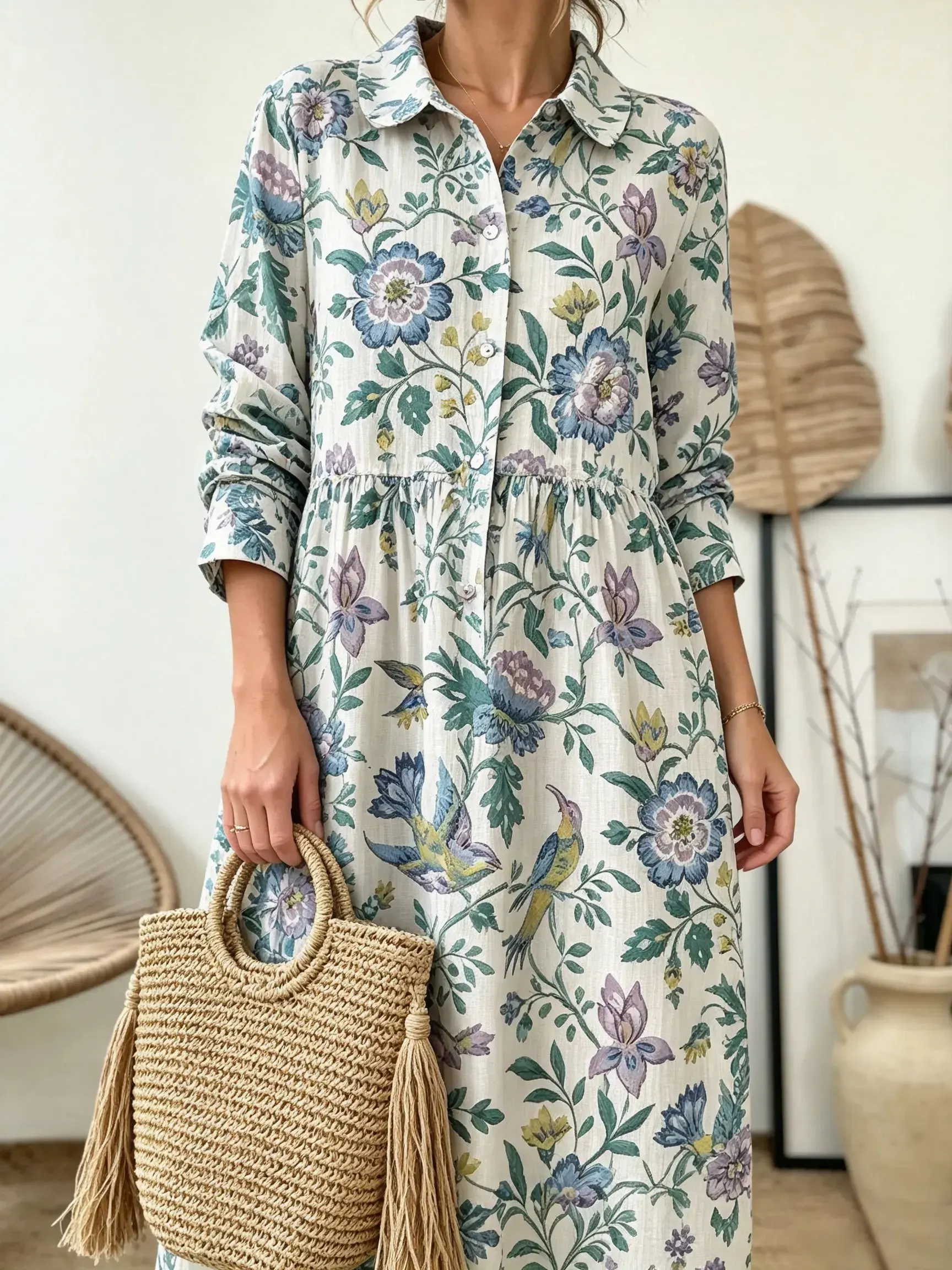 Women's Bird Botanical Border Print Collared Long Sleeve Maxi Dress