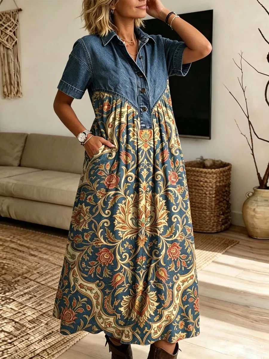 Retro Floral Pattern Art Print Casual Stylish Lapel Denim Patchwork Dress