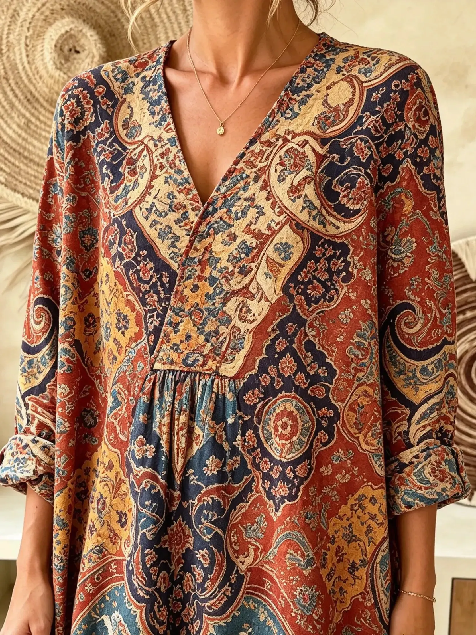 Women Ethnic Vintage Geometric Pattern V-Neck Loose Maxi Dress