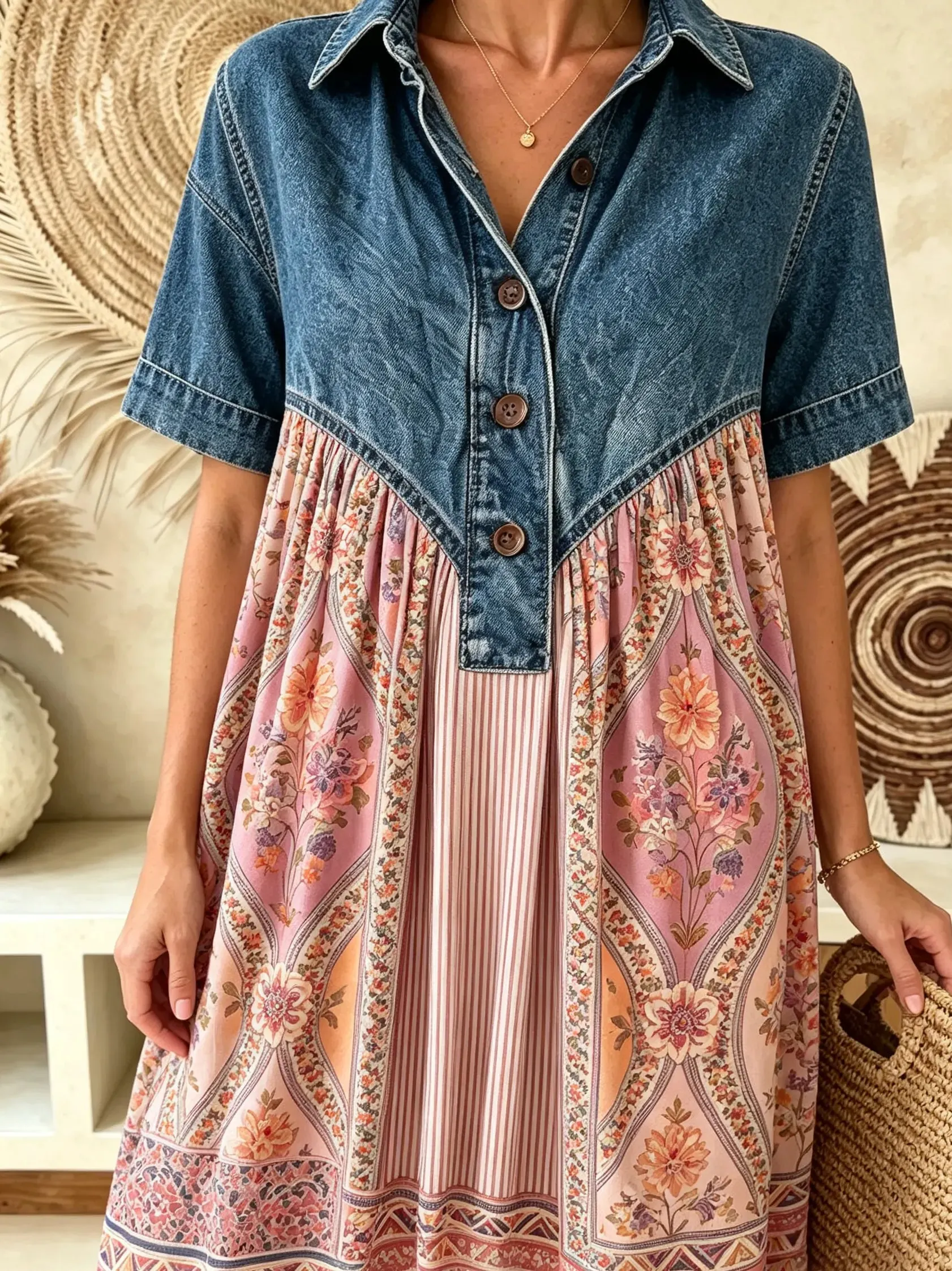 Women Ethnic Floral Geometric Print Short Sleeve Denim Spliced Maxi Dress