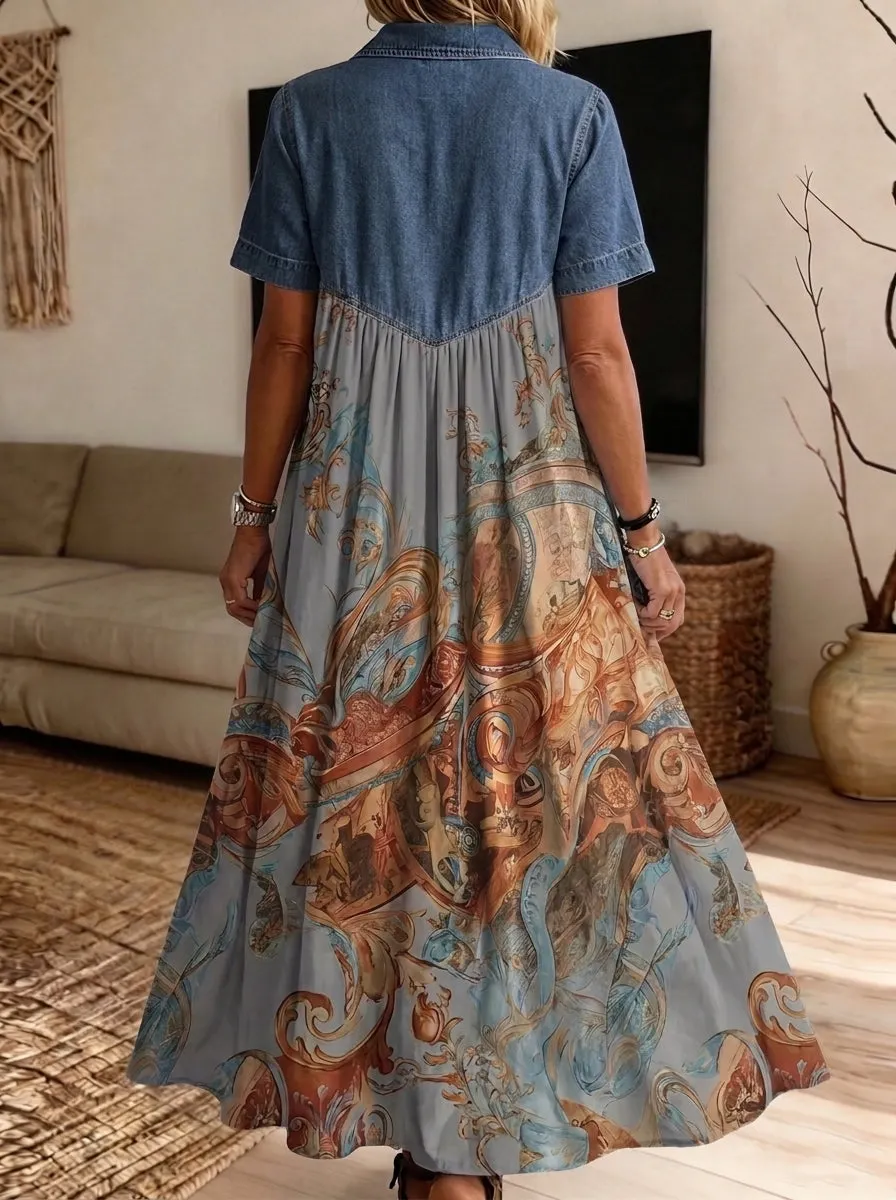 Women’s Denim Spliced Vintage Baroque Print Midi Shirt Dress With Pockets