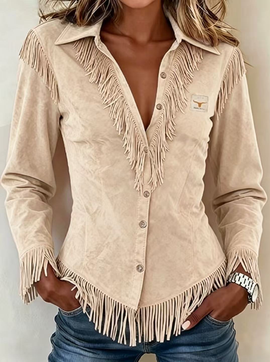 Women's Shirt Blouse Patchwork Buttons Fringe Plain Stylish