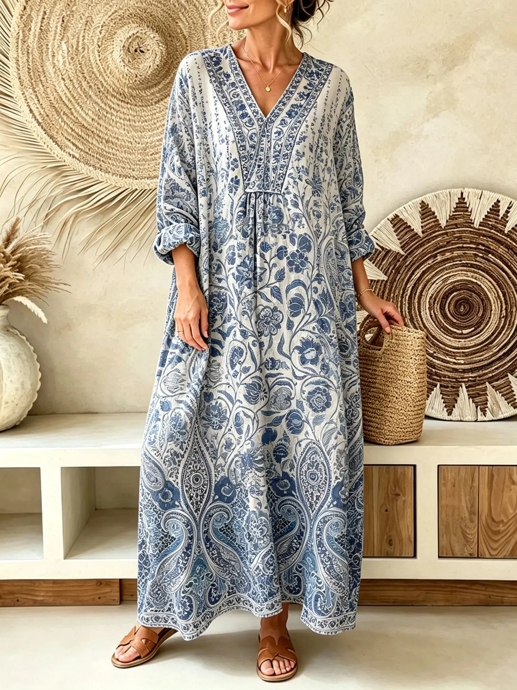 Women's Blue Porcelain Paisley Vintage Print V-Neck Boho Maxi Dress