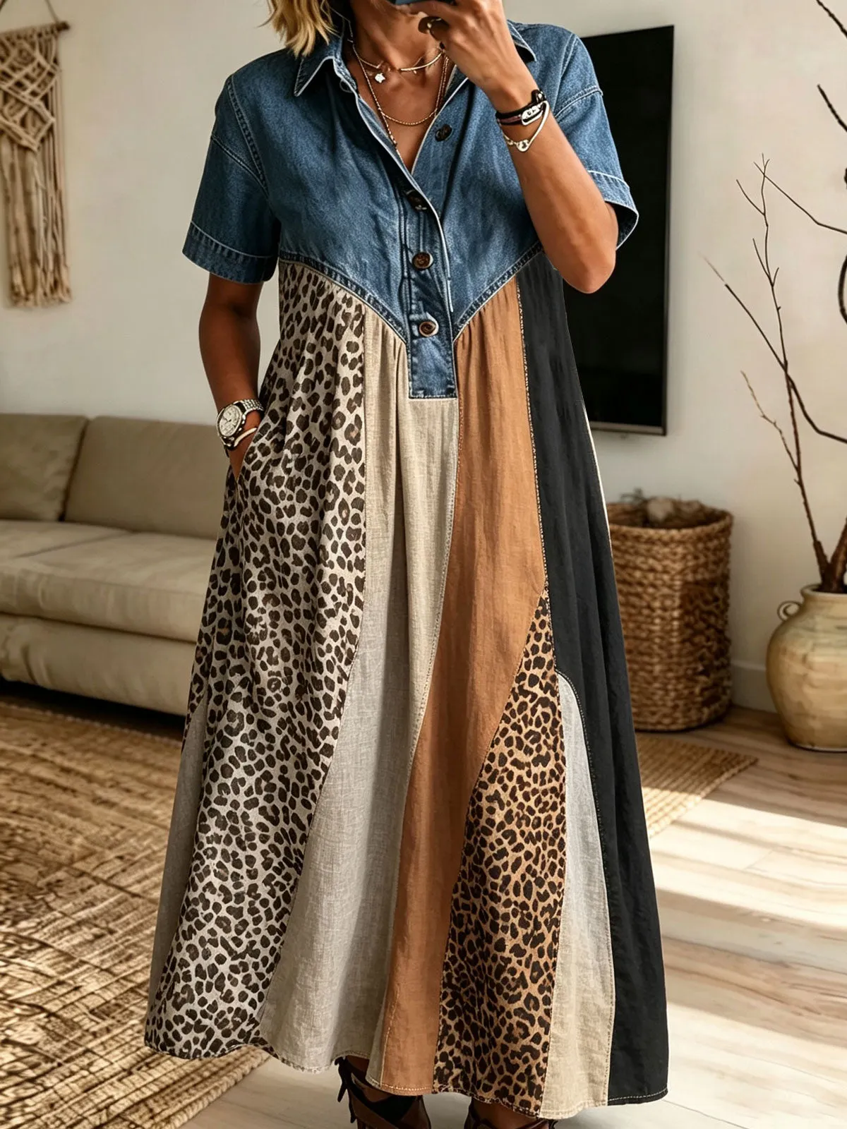 Women’s Denim Spliced Leopard Color Block Patchwork Midi Shirt Dress With Pockets