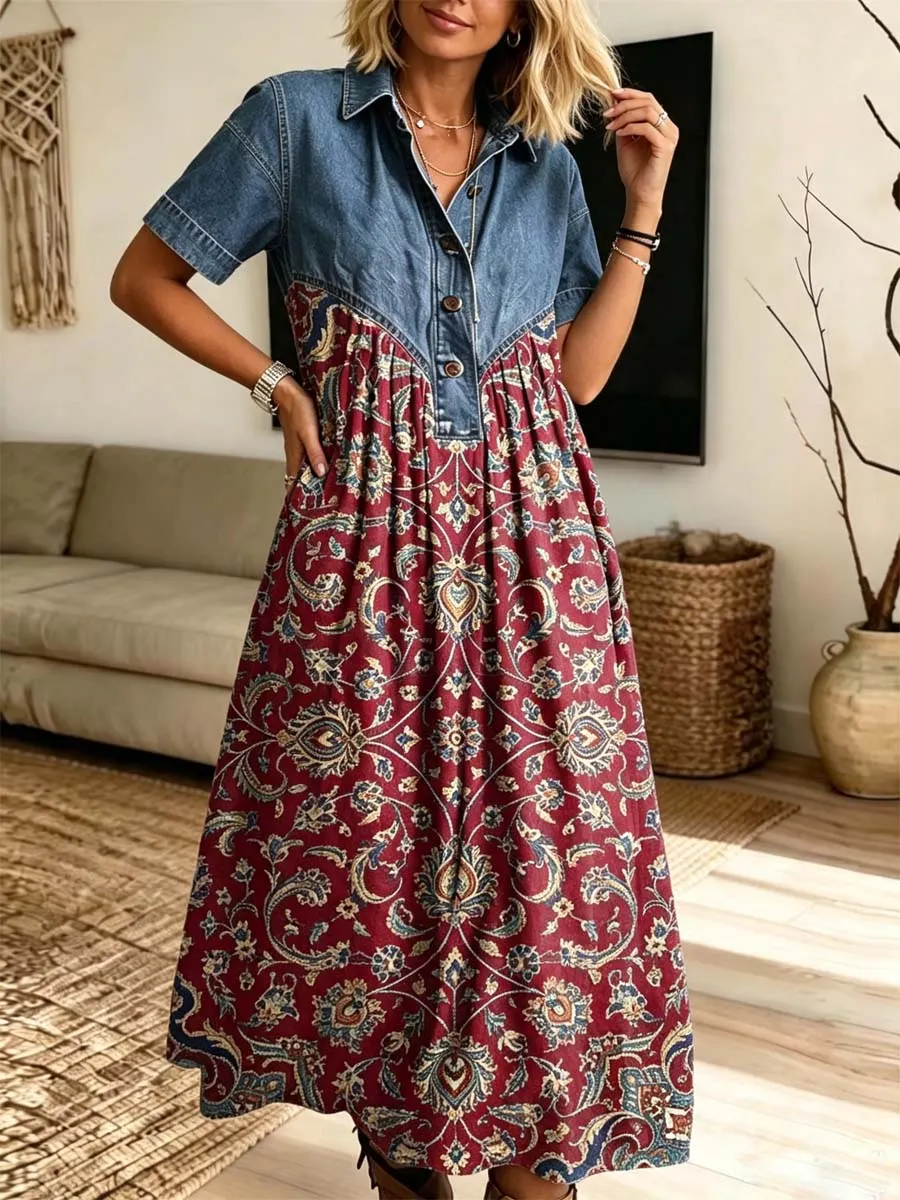 Retro Ethnic Floral Pattern Art Print Casual Stylish Lapel Denim Patchwork Dress