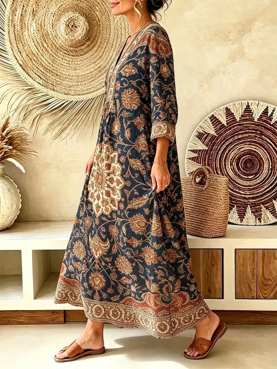Retro Ethnic Floral Pattern Art Print Casual V-neck Cotton Linen Maxi Dress