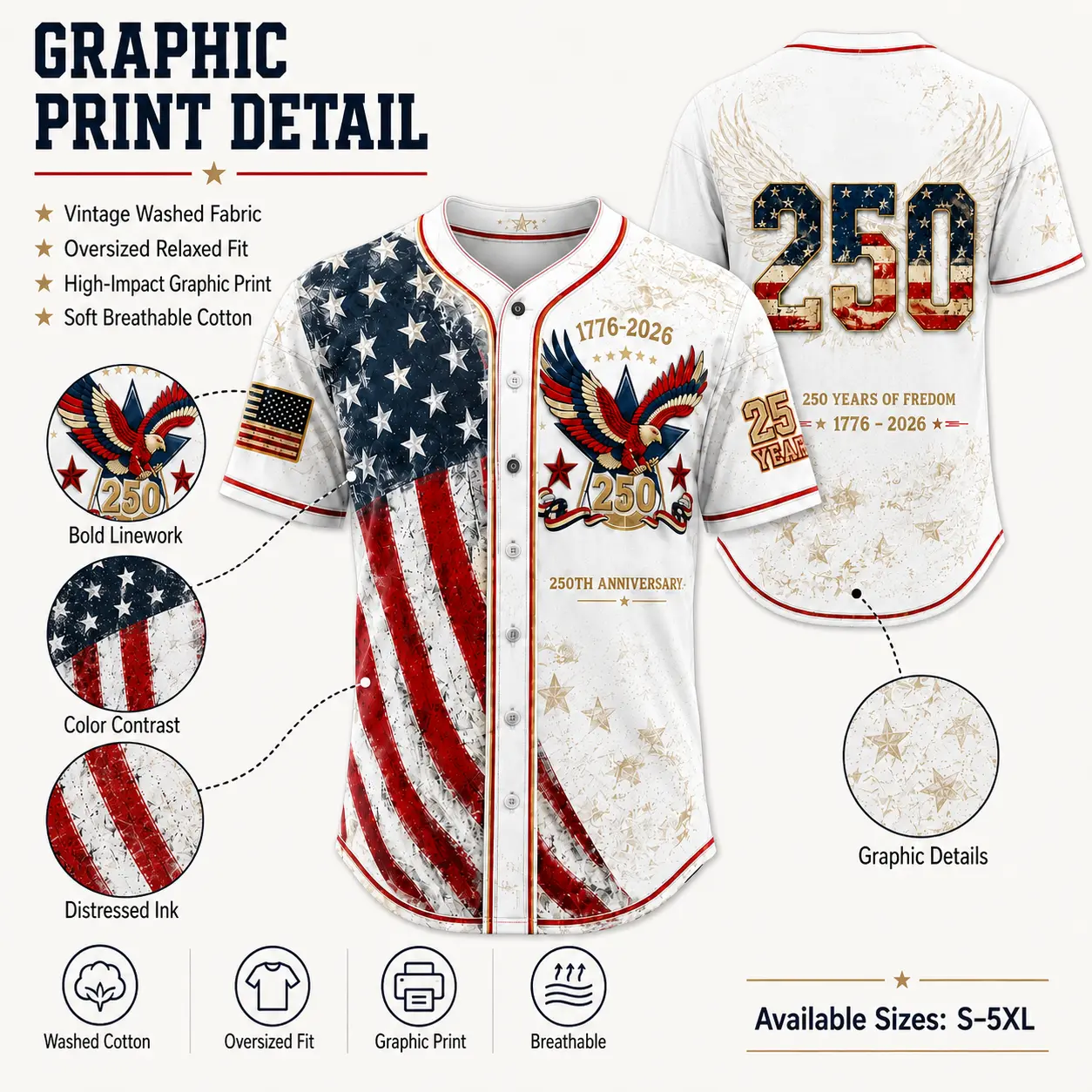 Unisex Vintage 250th USA Eagle Flag Baseball Jersey, 4th of July Shirt