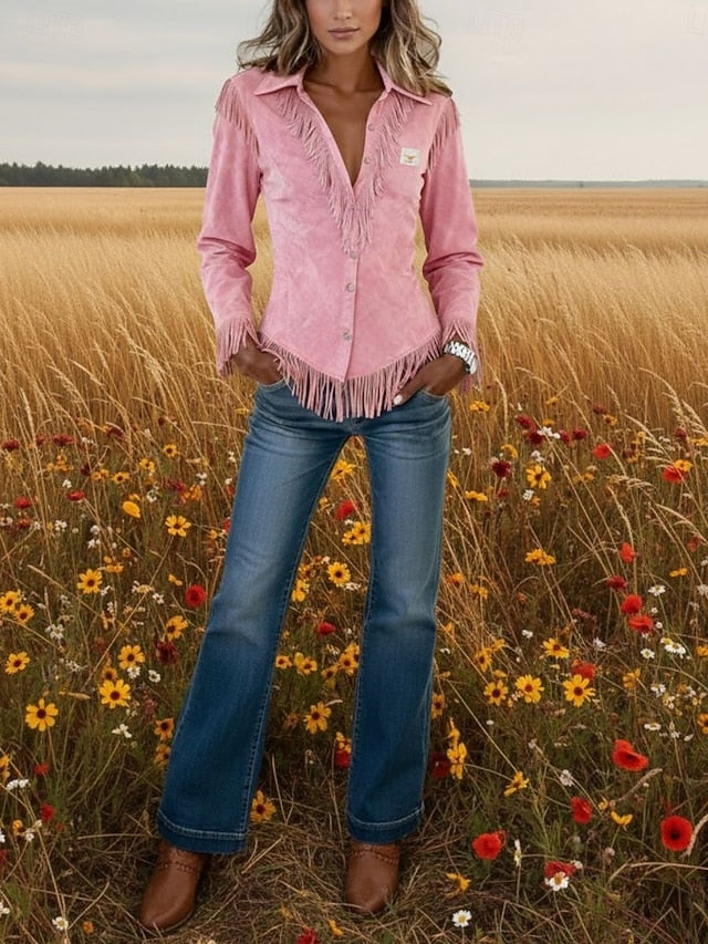 Women's Shirt Blouse Patchwork Buttons Fringe Plain Stylish