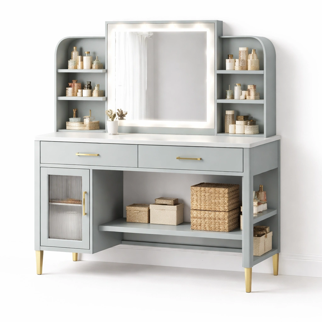 Schminktisch Grau mit Spiegel und Stauraum-ArdentlyHome
