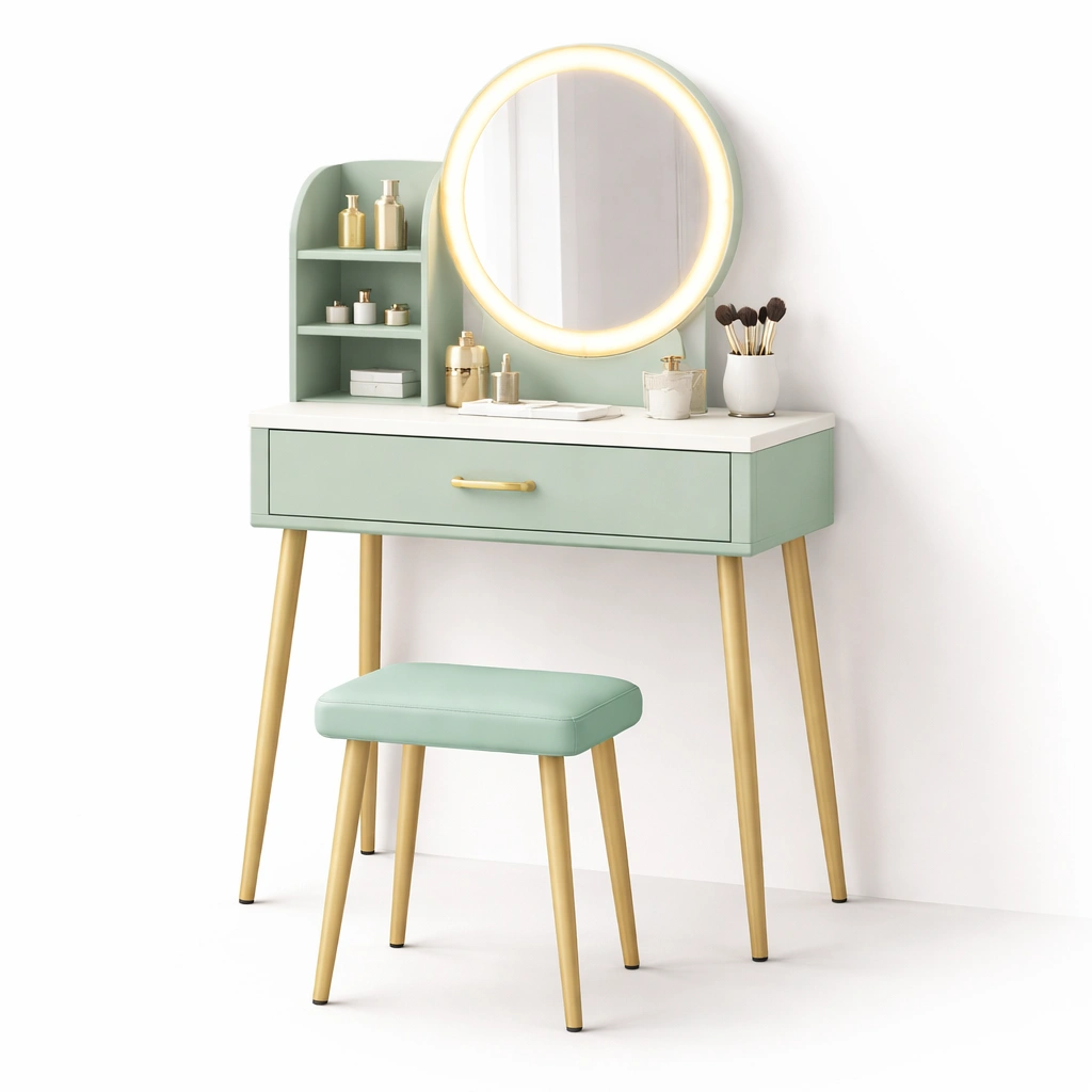 Schminktisch Gruen mit Spiegel und Hocker-ArdentlyHome