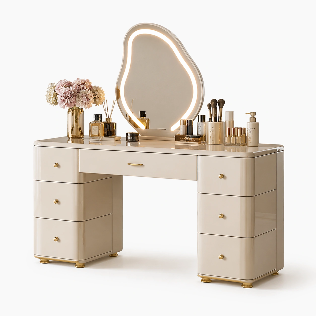 Schminktisch Beige mit LED Spiegel und Schubladen Modern-ArdentlyHome